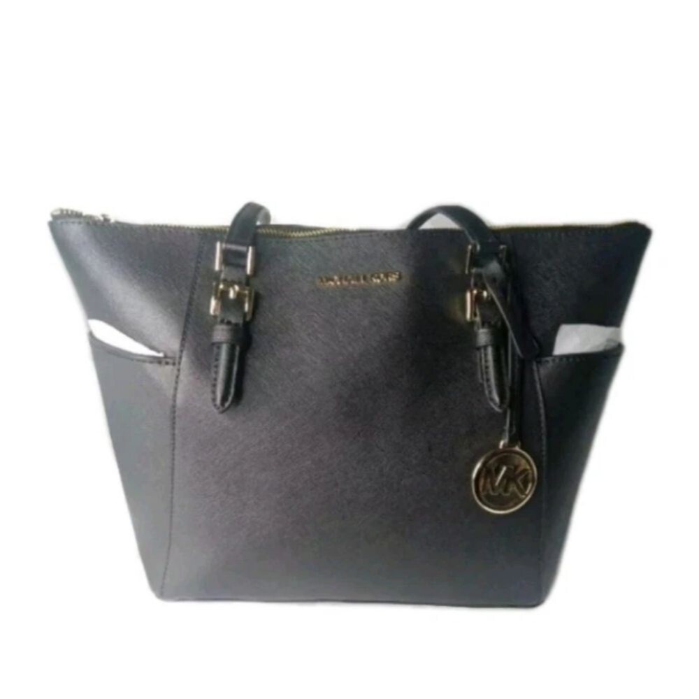 Michael Kors Charlotte Saffiano Leather Top Zip Tote Bag~Black